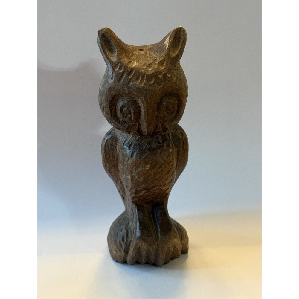 VTG Owl Hand Carved Wooden Animal Bird Art Statue Figurine Sculpture 5 1/2 "